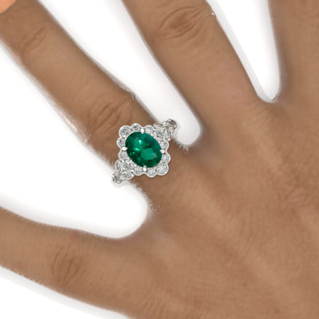 2 Carat Oval Vintage Emerald Ring, Luxury Prong Setting Oval Cut Halo Engagement Ring 2ct Carat Oval Emerald Victorian Ring