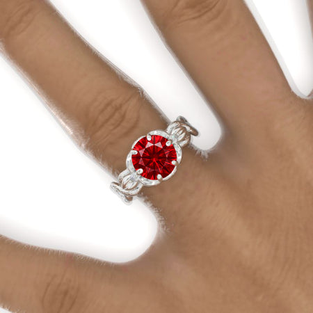 2 Carat Round Ruby Floral Twig Shank Engagement Ring