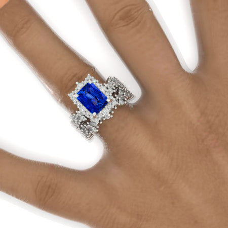 3 Carat Vintage Style 9x7mm Radiant Cut Royal Blue Sapphire White Gold Floral Shank Engagement Ring Set