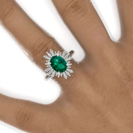 2CT Oval Halo Emerald Vintage Wedding Ring. 2 Carat Oval Engagement Ring Anniversary Ring, Baguette Double Halo Ring