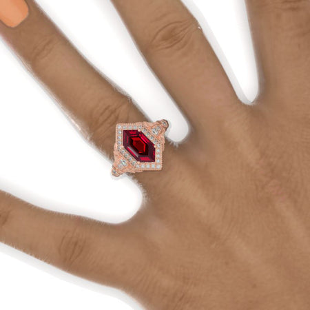 14K White Gold 3 Carat Hexagon Halo Ruby Floral Engagement Ring