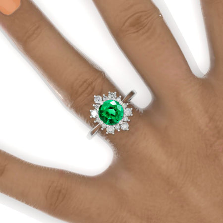 Snowflake Emerald Ring. 2.0ct Round Cut Emerald Halo Ring. Solid 14K White Gold Ring. Art Deco Engagement Ring. Wedding Ring