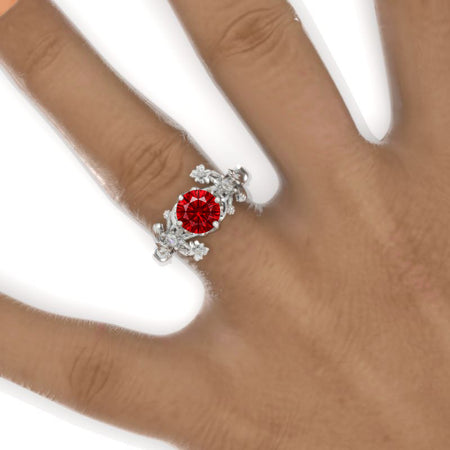 7mm Round Ruby Floral Victorian Style  Engagement Ring