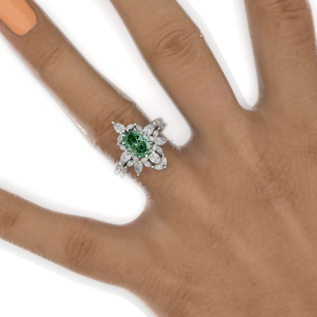 2CT Oval Halo Green Moissanite Vintage Wedding Ring Set. 14K Solid Gold Engagement Ring Anniversary Ring, Halo Ring Set Model 1114-9x7