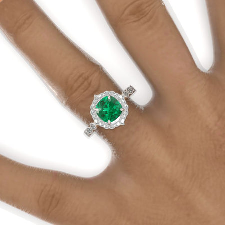 2.5 Carat Cushion Emerald Halo Engagement Ring. Victorian 14K White Gold Ring Model 803-8x8 