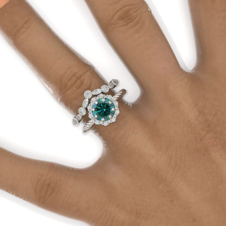 2 Carat Round Green Moissanite Halo 14k White Gold Engagement Ring Eternity Ring Set Model 986-8mm set
