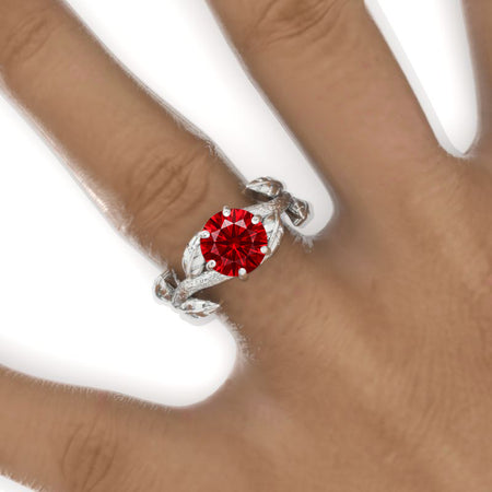 2 Carat Round Ruby Floral Twig Shank Engagement Ring