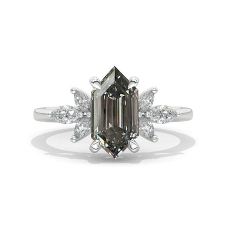 14K White Gold 3 Carat Hexagon Gray Moissanite  Cluster Engagement Ring