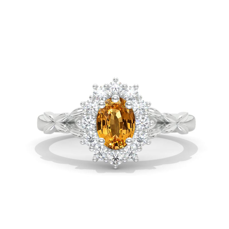 Oval  Genuine Yellow Citrine Halo Floral Celtic Engagement Ring 14K White Gold Ring Model 867-7x5