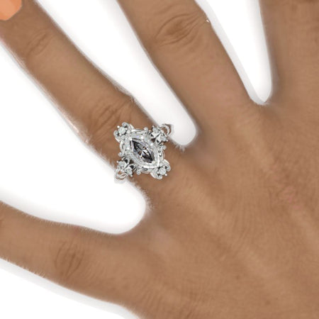 1 Carat Marquise 14K Solid Gold Ring Marquise Gray Moissanite Halo Vintage Wedding Ring. Engagement Ring Anniversary Ring, Baguette Side Stones Ring