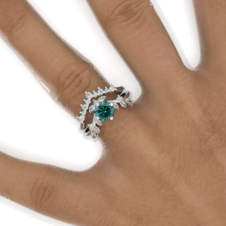 Green Moissanite Floral Halo 14K White Gold Engagement Ring Set Model 802-5