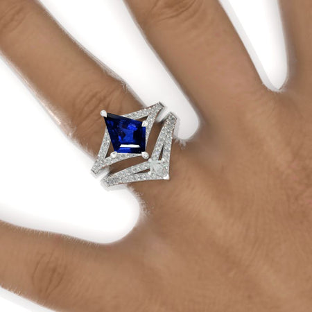 3 Carat Kite Royal Blue Sapphire Halo 14K White Gold Engagement Ring, V Eternity Ring Set