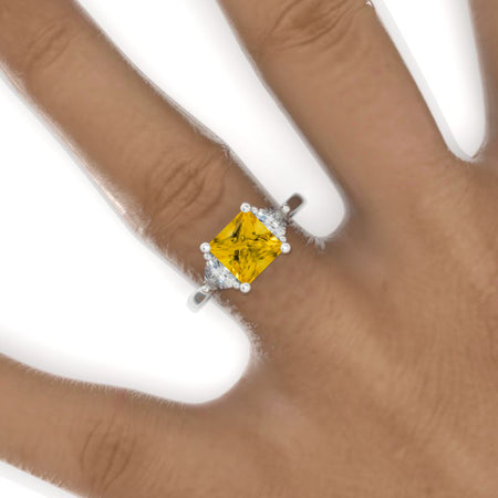 2 Carat Princess and Trillion Genuine Yellow Citrine Engagement Ring 14K White Gold Ring Model 814