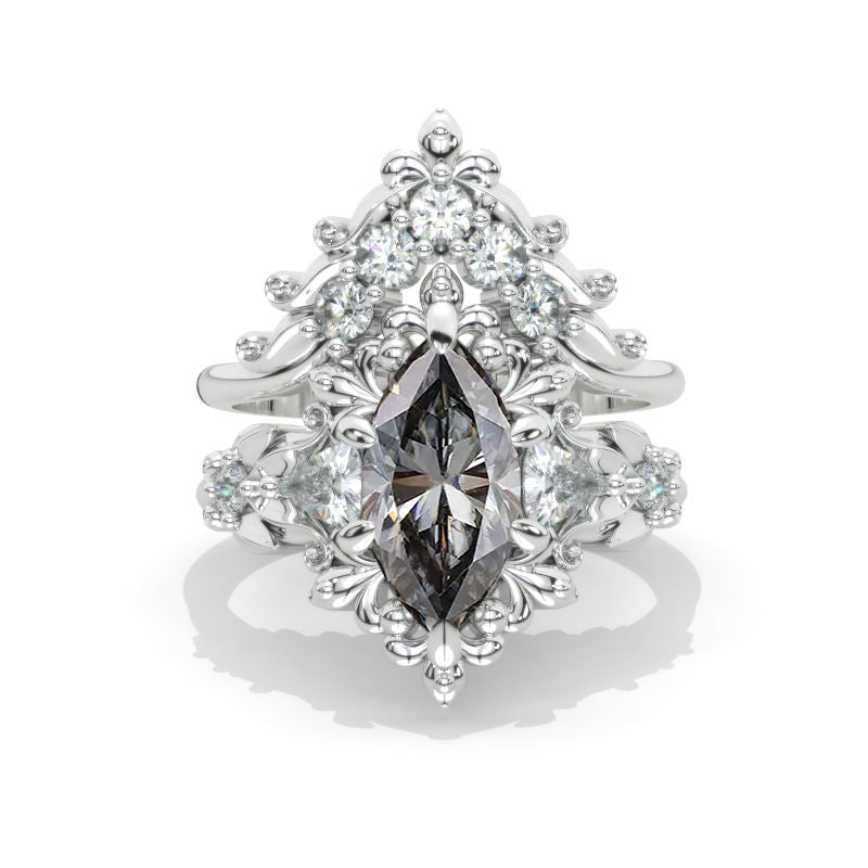 14K White Gold 1.5 Carat Marquise Cut Moissanite Floral Engagement Ring Set Model 1263
