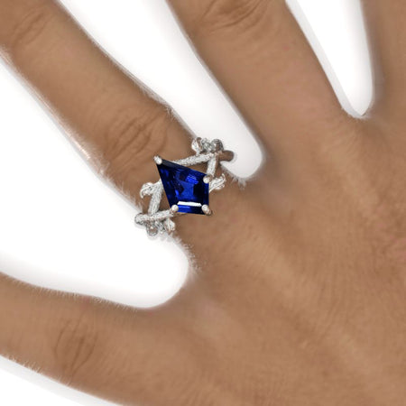 2.5 Carat Kite Royal Blue Sapphire Twig Floral 14K White Gold Engagement Ring
