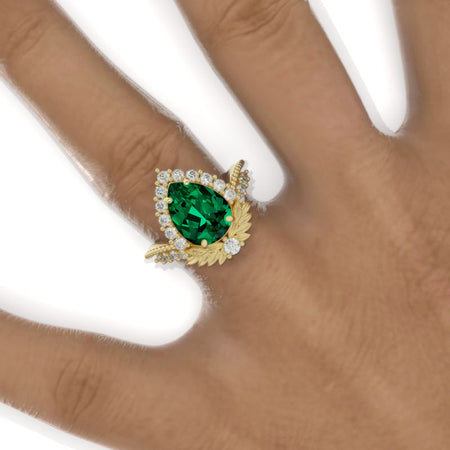 3 Carat Pear Emerald Halo Floral Engagement Ring 14K White Gold Ring Model 913-11x7mm