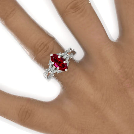 2 Carat Marquise 14K Solid Gold Ring  Marquise Ruby Halo Floral Wedding Ring. Engagement Ring Anniversary Ring, Baguette Side Stones Ring