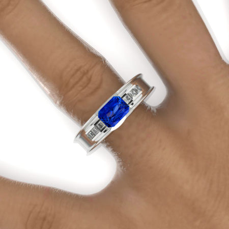 2 Carat Emerald Cut Royal Blue Sapphire Men's  Gold  Ring