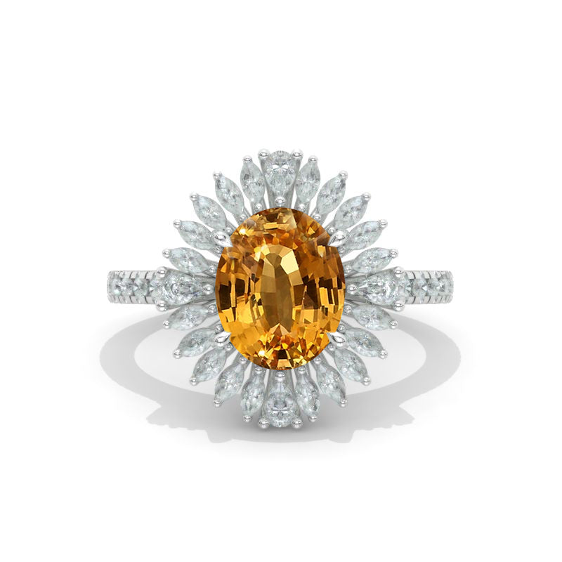 3 Carat Oval Genuine Yellow Citrine Cluster Halo 14K White Gold Unique  Floral Engagement Ring Model 1004-10x8