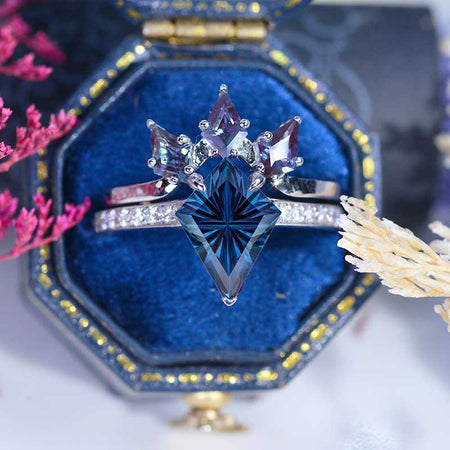 3 Carat Kite Fantasy Cut Lab-Grown Alexandrite Engagement Ring Set in 14K White Gold | Model 736-12x8