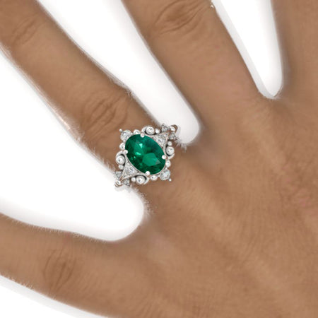 3 CT Oval Halo Emerald Vintage Wedding Ring. 14K White Gold Engagement Ring Anniversary Ring, Baguette Double Halo Ring Model 997-10x7