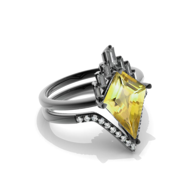 14K Black Gold 4 Carat Kite Genuine Yellow Citrine Halo Engagement Ring, Eternity Ring Set Model 416-14x10