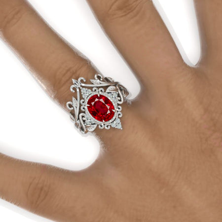 14K White Gold 2 Carat Oval Ruby Engagement Ring Unique Floral  Ring Set