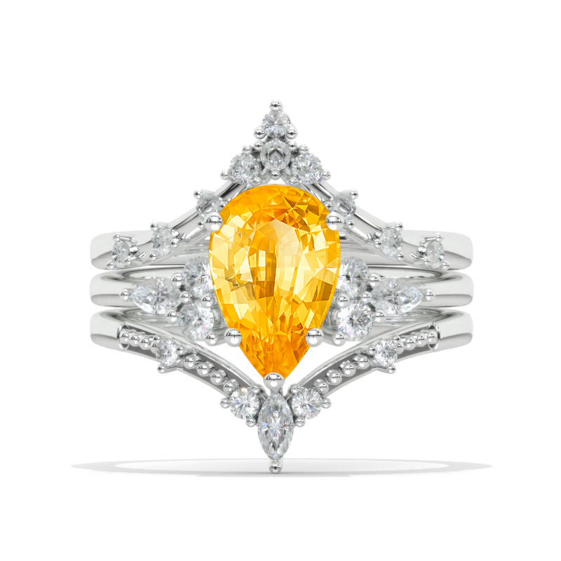 3 Carat Pear Genuine Yellow Citrine Floral Engagement 14K White Gold  Ring Eternity Ring Set Model 883-11x7