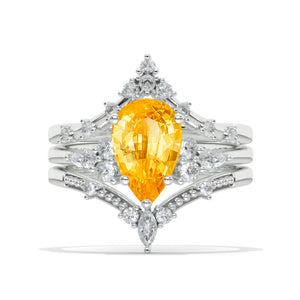 3 Carat Pear Genuine Yellow Citrine Engagement Ring 14K White Gold Ring Set Model 963-11x7mm