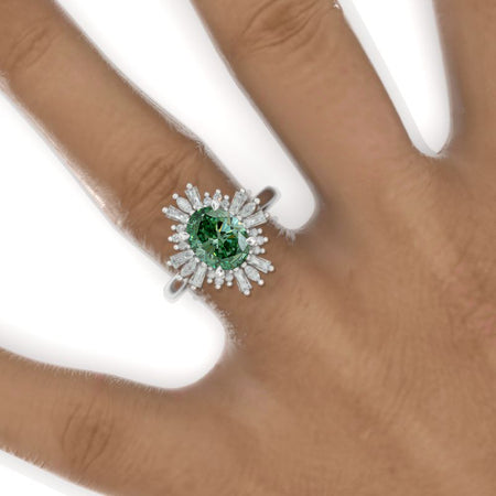 2CT Oval Halo Green Moissanite Vintage Wedding Ring. 2 Carat Oval Engagement Ring Anniversary Ring, Baguette Double Halo Ring Model 780-9x7