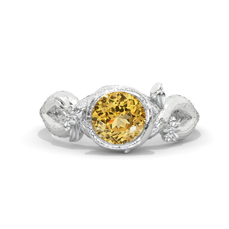 7mm Round Bezel Set Genuine Yellow Citrine Floral Style Engagement Ring Model 991-7