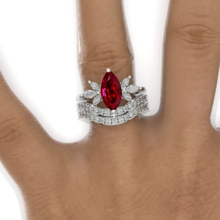 2Ct Marquise Cut Ruby Vintage Engagement Ring, Marquise  Engagement Ring, Marquise Side Accents Stones 14K White Gold Ring Set