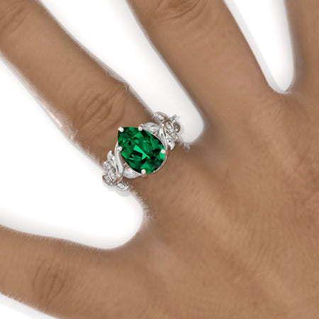 3 Carat Pear Emerald Halo Floral Engagement Ring 14K White Gold Ring Model 923-11x7mm