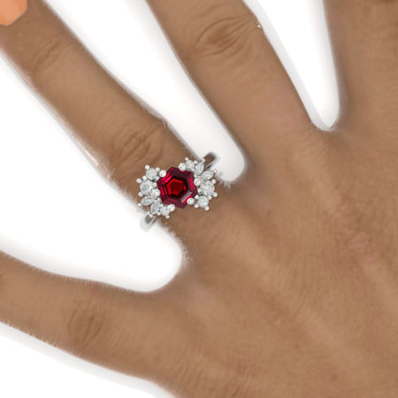 3 Carat Hexagon Ruby Cluster 14K White Gold Engagement Ring