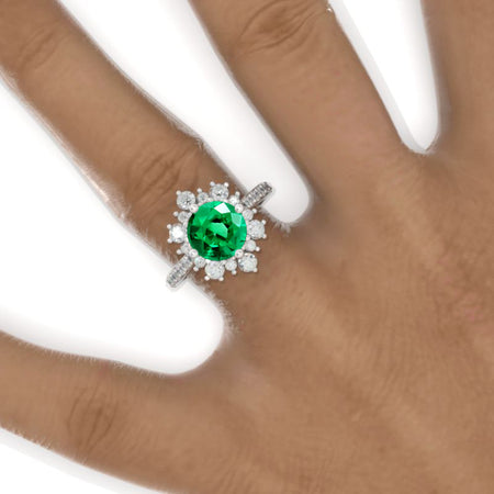 2 Carat Round Snowflake Halo Emerald Engagement Ring Victorian 14K White Gold Ring Model 825-8