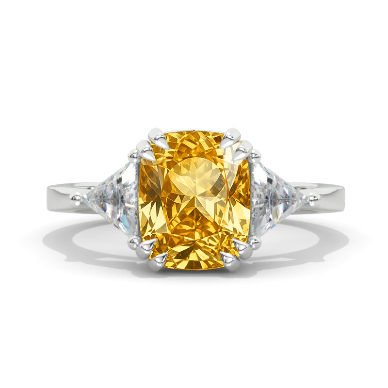 4 Carat Cushion Genuine Yellow Citrine Tri-Stone 14K White Gold  Engagement Ring Model 857-10x8