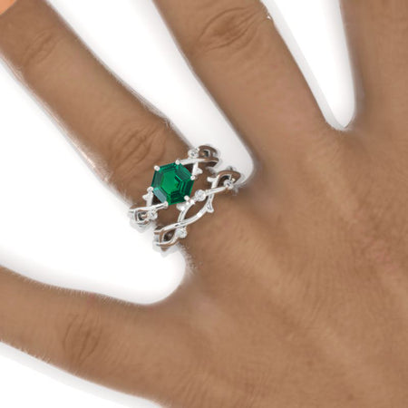 3 Carat Hexagon Emerald Cluster Halo 14K White Gold Floral Engagement Ring Set