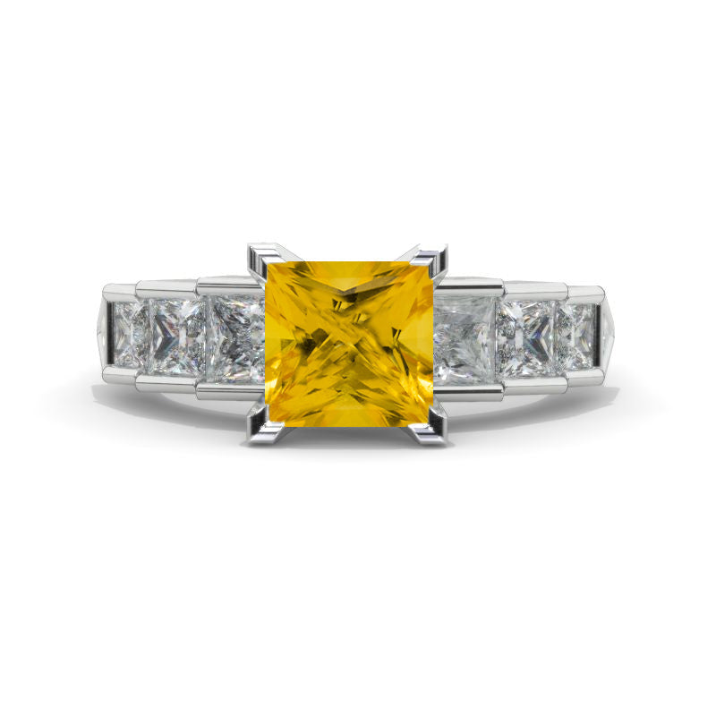 2 Carat Princess Cut Genuine Yellow Citrine Engagement Ring Art Deco  14K White Gold Model 1020