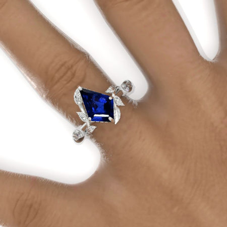 2.5 Carat Kite Royal Blue Sapphire Twig Floral Leaf 14K White Gold Engagement Ring