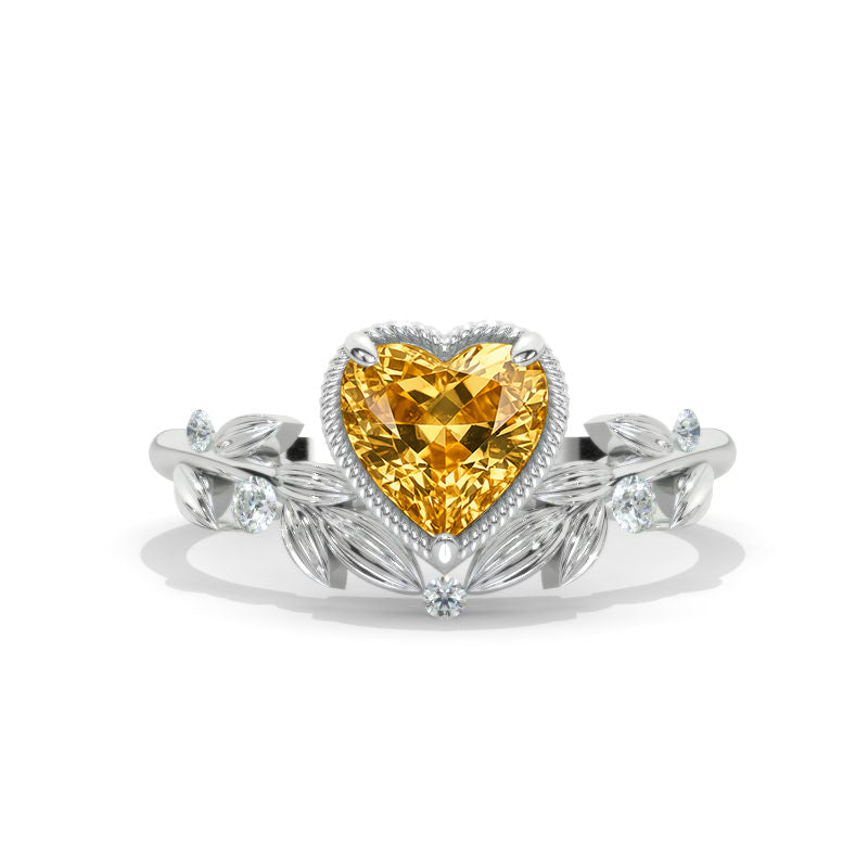 Heart Knot Halo Genuine Yellow Citrine 14K Gold Moissanite Floral Engagement Ring Model 1208