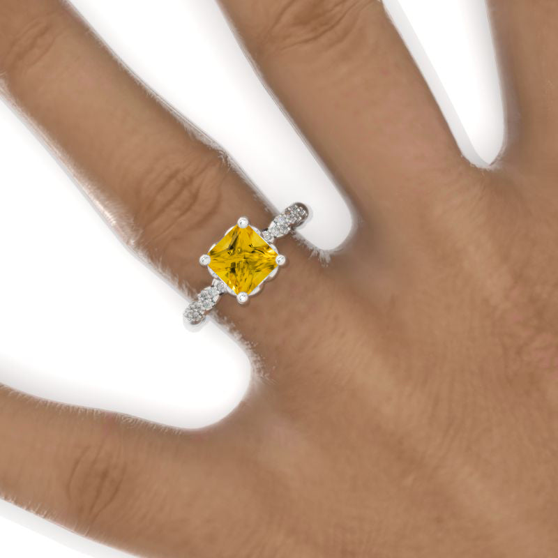 14K White Gold  2 Carat Princess Genuine Yellow Citrine Twisted Shank Engagement Ring Model 769-7x7