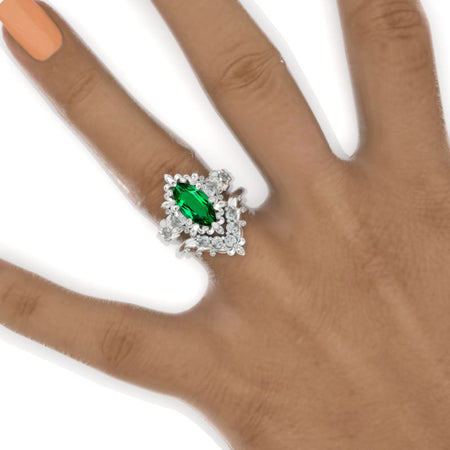 14K White Gold 1.5 Carat Marquise Cut Emerald Floral Engagement Ring Set Model 1263