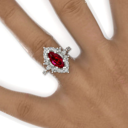 2 Carat Marquise 14K Solid Gold Ring  Marquise Ruby Halo Vintage Wedding Ring. Engagement Ring Anniversary Ring, Baguette Side Stones Ring