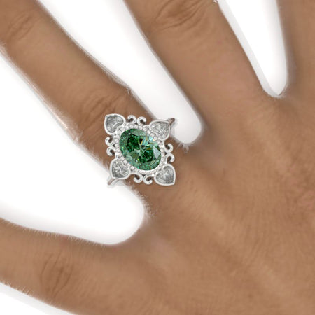 3 CT Oval Halo Green Moissanite Vintage Wedding Ring. 14K Solid Gold Engagement Ring Anniversary Ring, Heart  Halo Ring Model 1111-10x7