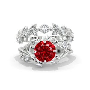 2 Carat Round Moissanite Floral Twig Engagement Ring, Eternity Ring Set
