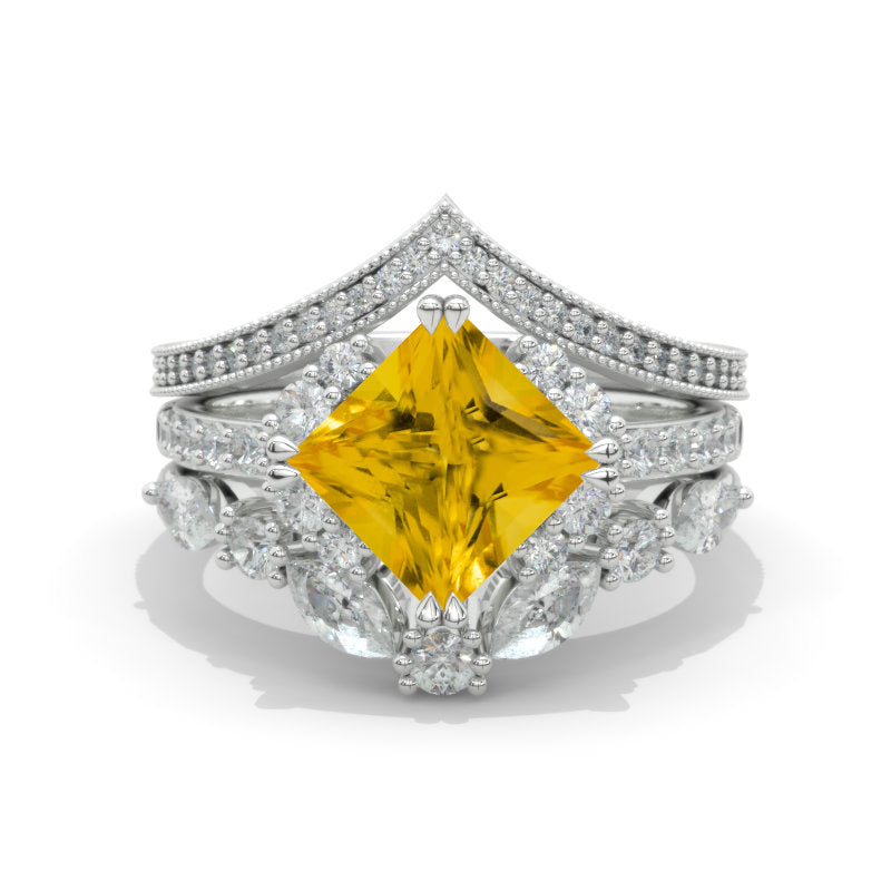 2 Carat Princess Genuine Yellow Citrine Halo 14K White Gold Engagement Ring Eternity Ring Set Model 418