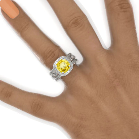3 Carat Yellow Sapphire Cushion Halo Engagement 14K White Gold Three Ring Eternity Ring Set Model 1027-9x9 Cushion