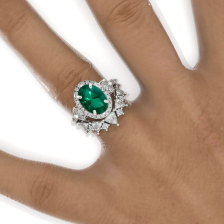 2 Carat Oval Emerald Halo Floral Engagement Ring Eternity Ring Set