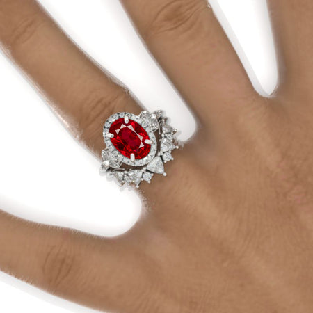 2 Carat Oval Ruby Halo Floral Engagement Ring Eternity Ring Set