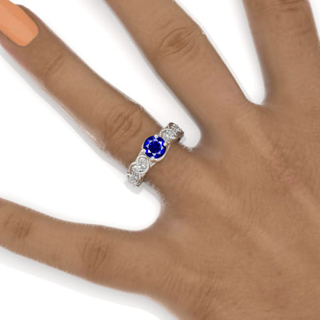 Celtic Royal Blue Sapphire Engagement Ring 14K White Gold Model 1147